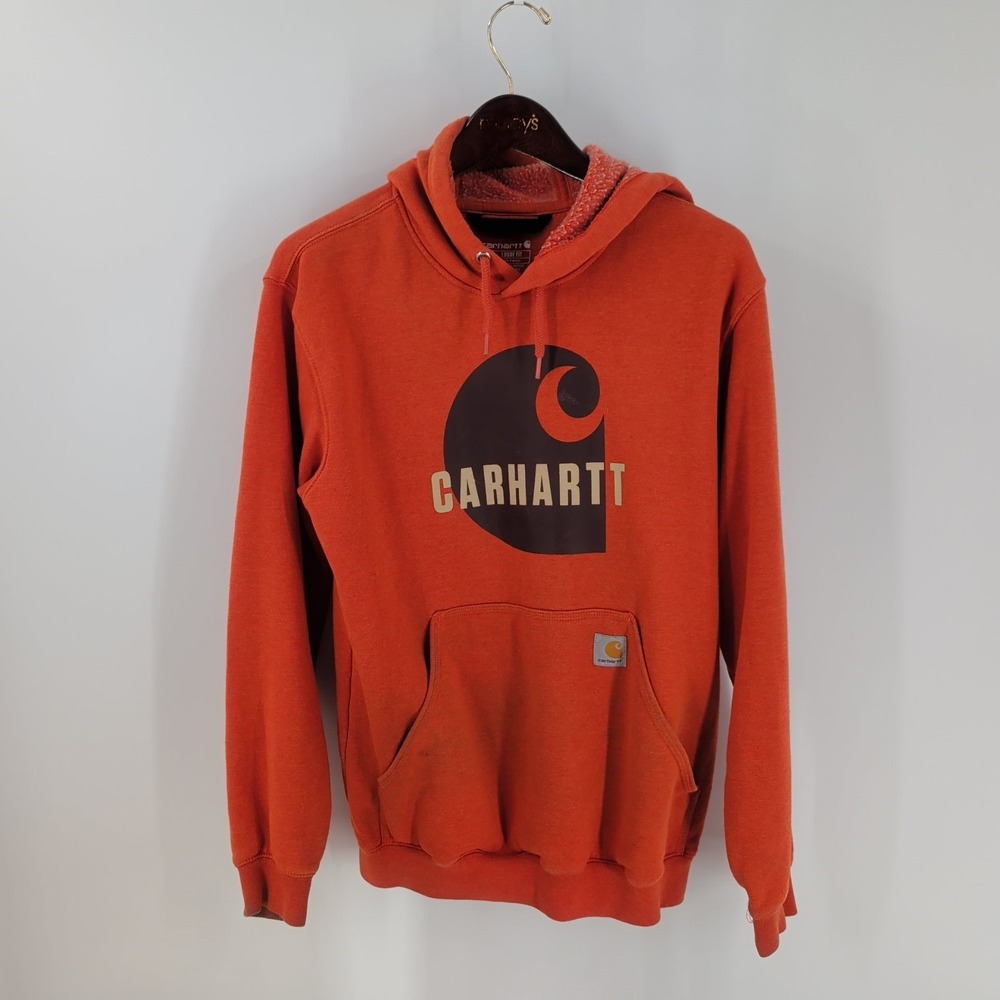 Carhartt Loose Fit Kangaroo Pocket Brand Graphic Pullover Hoodie Red Size S